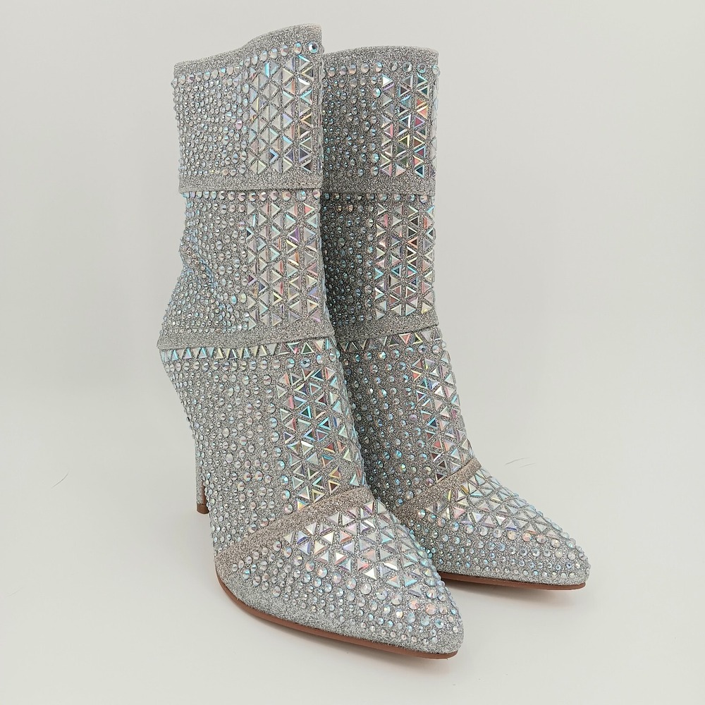 Forever Women's Silver Rhinestone High Heel Boots Size 6